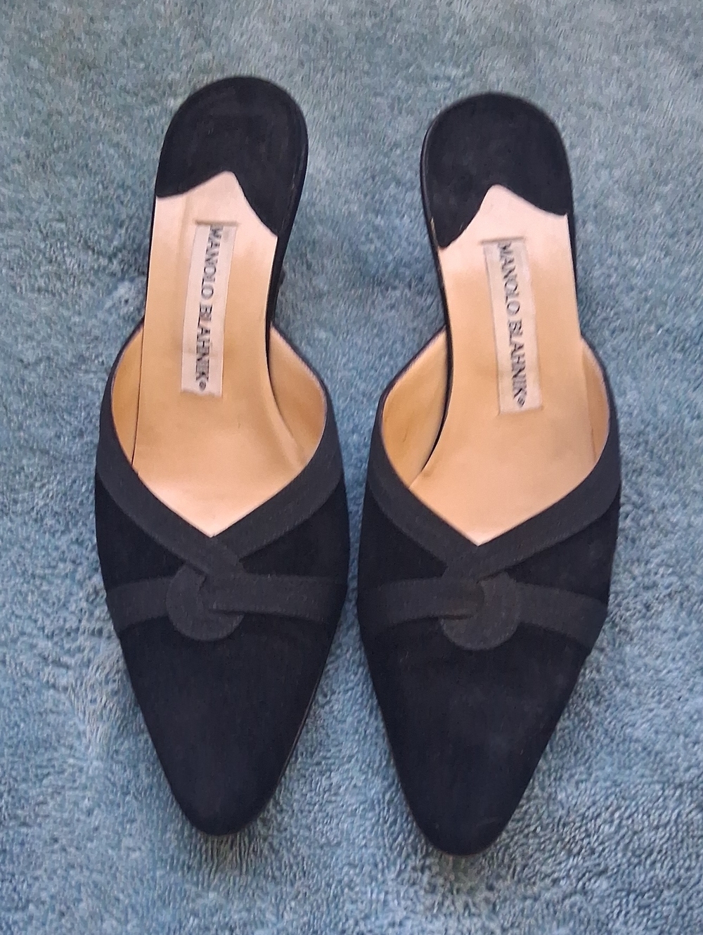 Vintage Manolo Blahnik Black Suede Pointed Kitten Mules Size 40